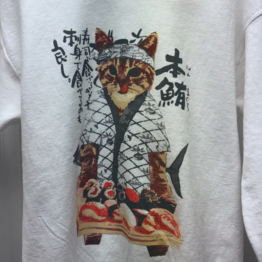White Graphic Cat Sweatshirt | Japanese Art Print | Size M - Picture 2 of 8